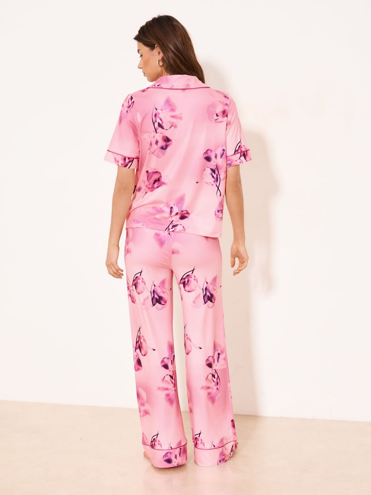 Lipsy Pink Floral Short Sleeve Shirt and Trousers Jersey Pyjamas Set - Image 4 of 4