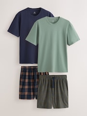 Navy Blue/ Green Cosy Short Sleeve Jersey Pyjamas Set 2 Pack - Image 1 of 7