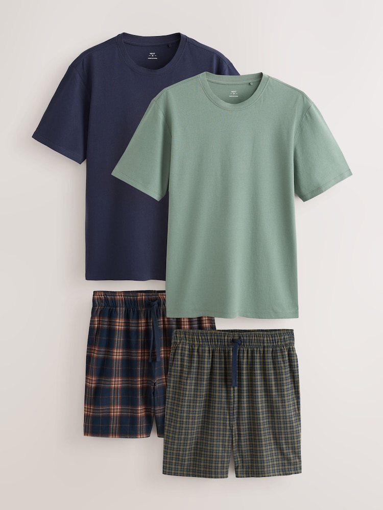 Navy Blue/ Green Cosy Short Sleeve Jersey Pyjamas Set 2 Pack - Image 1 of 7