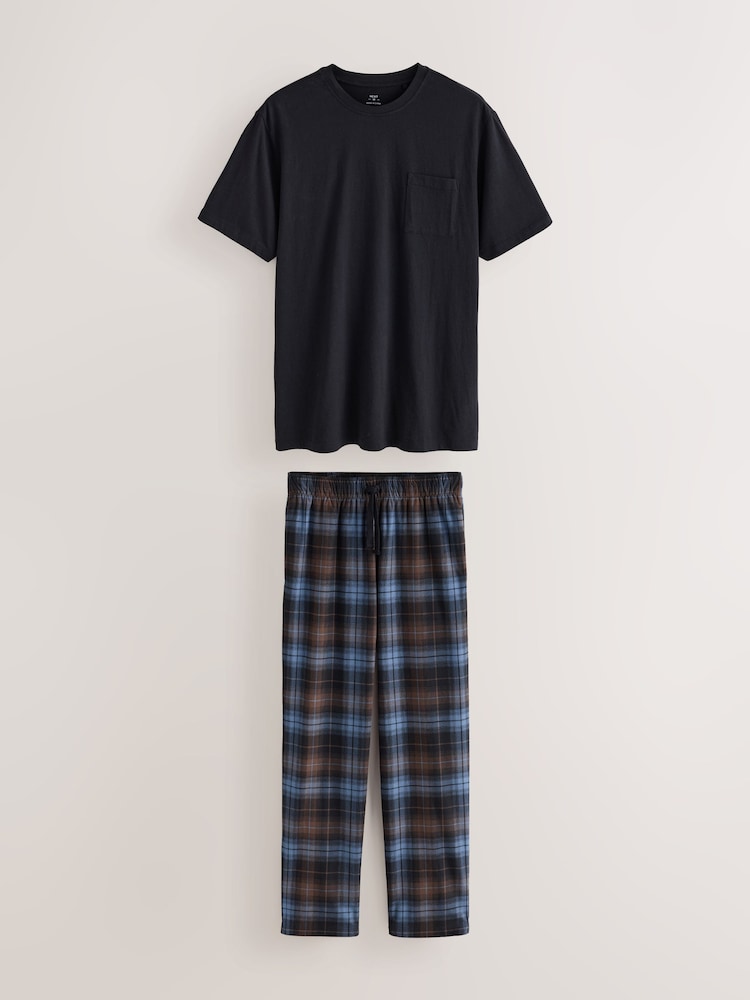 Black Short Sleeve Cosy Check Jersey Pyjamas Set - Image 1 of 4 Black Short Sleeve Cosy Check Jersey Pyjamas Set - Image 1 of 4