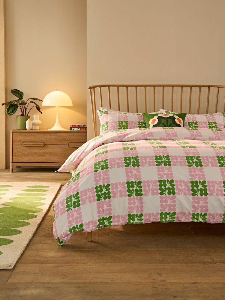 Orla Kiely Set of 2 Dill Pink Floret Check 200 Thread Count Pillowcases - Image 2 of 3