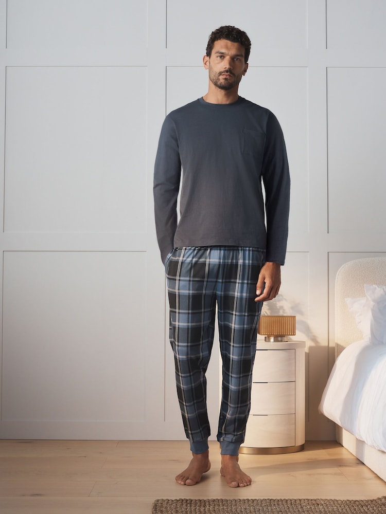 כחול/אפור - Pure Cotton Long Sleeve Jersey Pyjamas Set - תמונה 1 מתוך 16