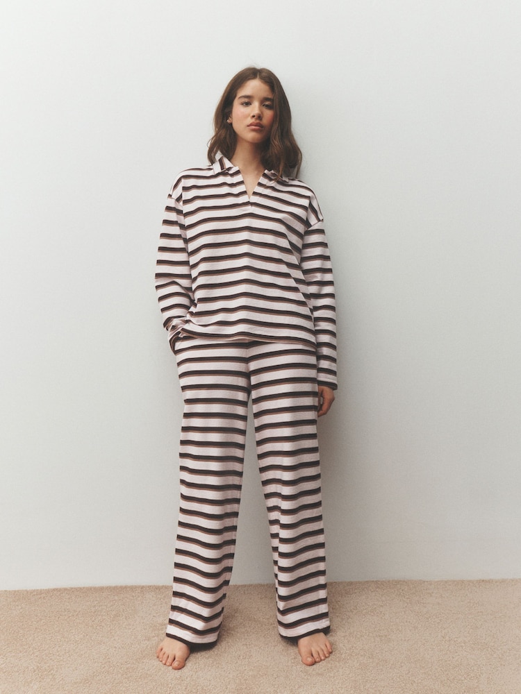 Pink / Chocolate Brown Stripe Rugby Collar Loungewear Set - Image 1 of 10 Pink / Chocolate Brown Stripe Rugby Collar Loungewear Set - Image 1 of 10