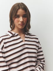 Pink / Chocolate Brown Stripe Rugby Collar Loungewear Set - Image 3 of 10