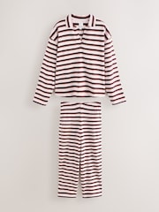 Pink / Chocolate Brown Stripe Rugby Collar Loungewear Set - Image 6 of 10