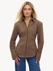 LOAVIES Campfire Currents Button Up Gingham Cinch Waist Brown Shirt - Image 1 of 4