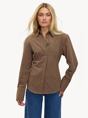 LOAVIES Campfire Currents Button Up Gingham Cinch Waist Brown Shirt - Image 3 of 4