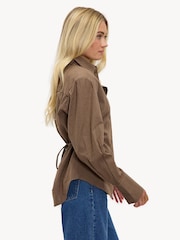 LOAVIES Campfire Currents Button Up Gingham Cinch Waist Brown Shirt - Image 4 of 4