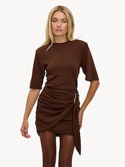 LOAVIES Only For You Wrap Draped Mini Brown Dress - תמונה 3 מתוך 5
