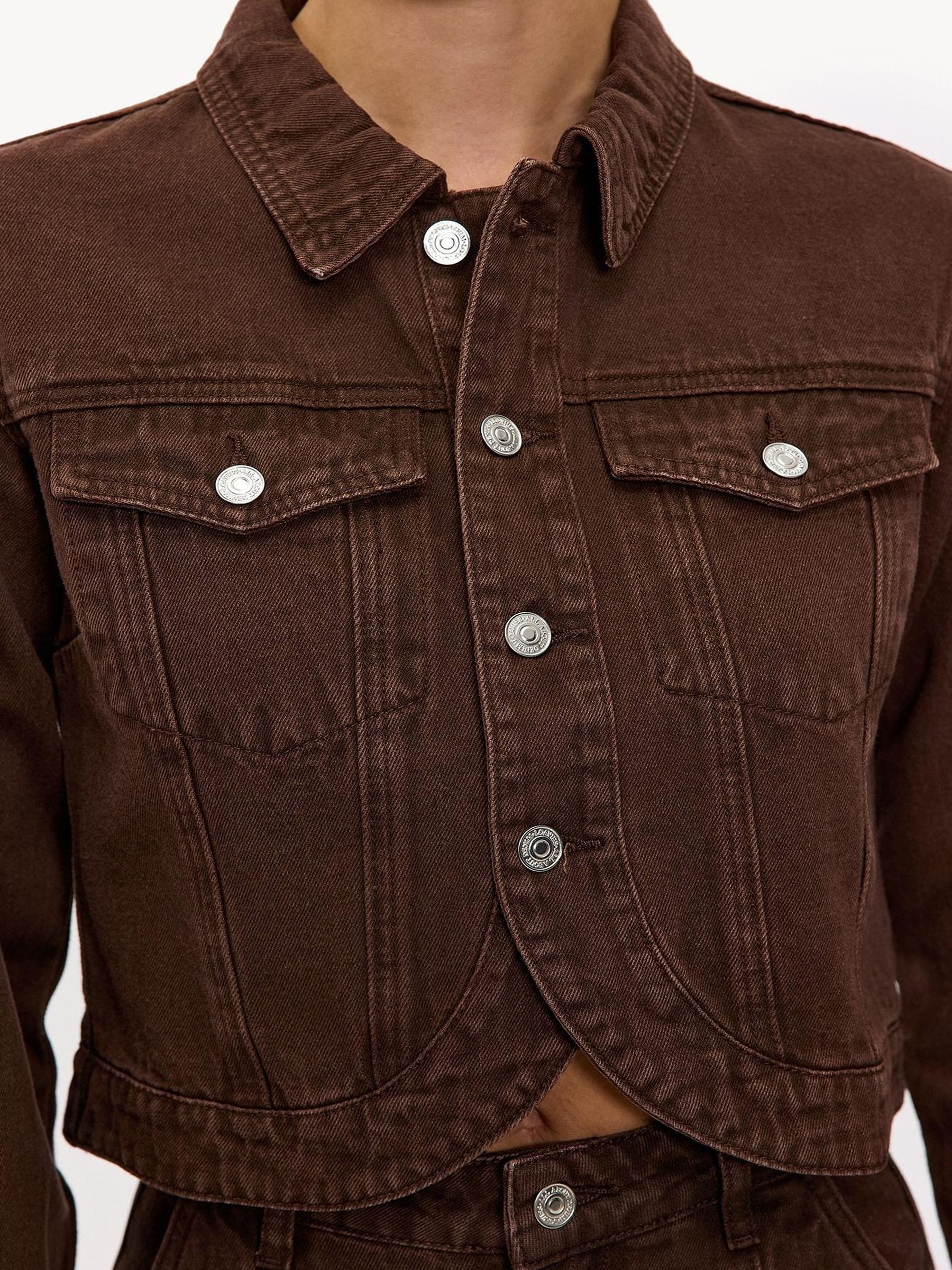 Buy LOAVIES Brown Cropped Fitted Denim Jacket with Chest Pockets