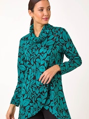 Roman Blue Leaf Print Cowl Neck Tunic - Image 1 of 5