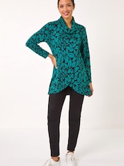 Roman Blue Leaf Print Cowl Neck Tunic - Image 2 of 5