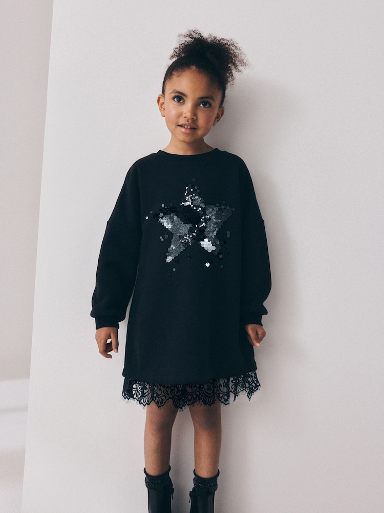 Black Lace Hem Sequin Jumper Dress (3-16yrs) - Image 1 of 5 Black Lace Hem Sequin Jumper Dress (3-16yrs) - Image 1 of 5
