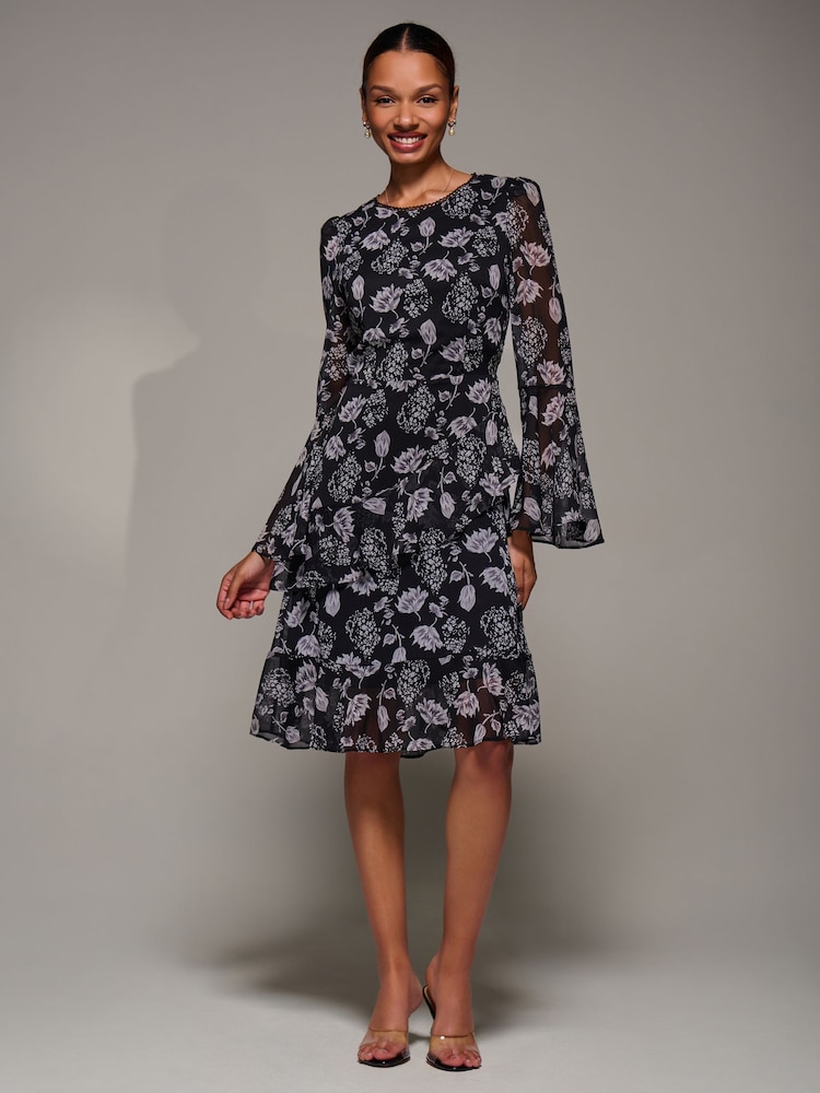 Jolie Moi Black Long Sleeve Frill Chiffon Knee-Length Dress - Image 1 of 6
