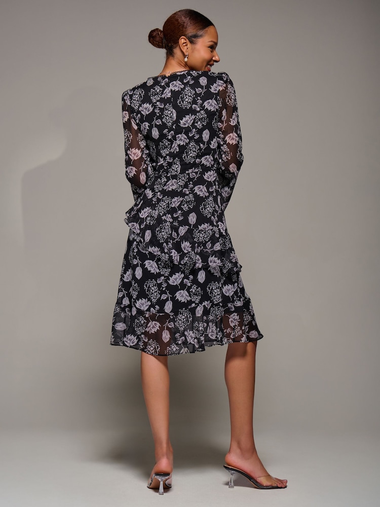 Jolie Moi Black Long Sleeve Frill Chiffon Knee-Length Dress - Image 2 of 6