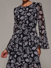 Jolie Moi Black Long Sleeve Frill Chiffon Knee-Length Dress - Image 3 of 6