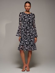 Jolie Moi Black Long Sleeve Frill Chiffon Knee-Length Dress - Image 4 of 6