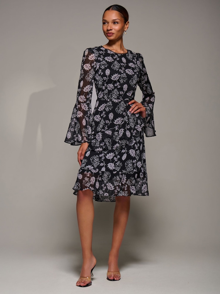 Jolie Moi Black Long Sleeve Frill Chiffon Knee-Length Dress - Image 6 of 6