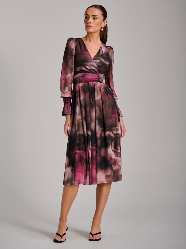 Jolie Moi Brown Long Sleeve Printed Mesh Midi Dress - Image 2 of 6