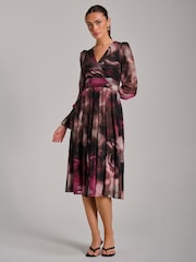 Jolie Moi Brown Long Sleeve Printed Mesh Midi Dress - Image 3 of 6
