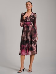 Jolie Moi Brown Long Sleeve Printed Mesh Midi Dress - Image 4 of 6