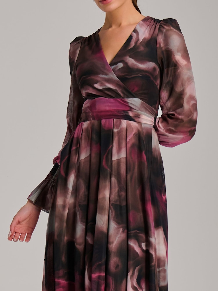 Jolie Moi Brown Long Sleeve Printed Mesh Midi Dress - Image 6 of 6