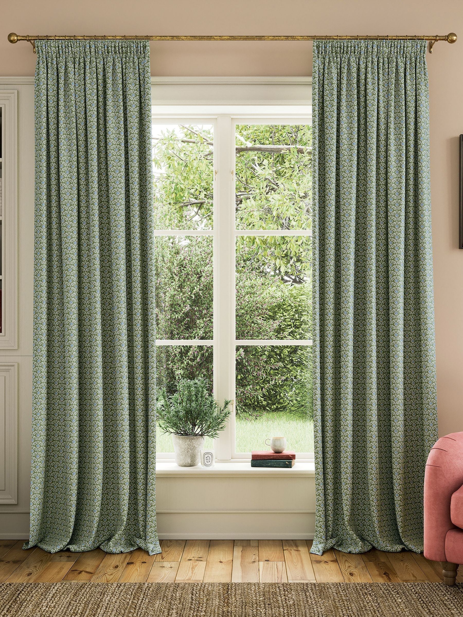 Joules Unisex Floral Foulard Lined Pencil Pleat Curtains Green 168Wx137d