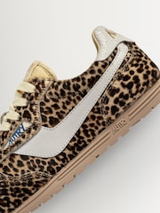 AUTRY Brown Windspin Leopard Print Ponyhair Low Profile Trainers with Leather Detailing - Image 3 of 6