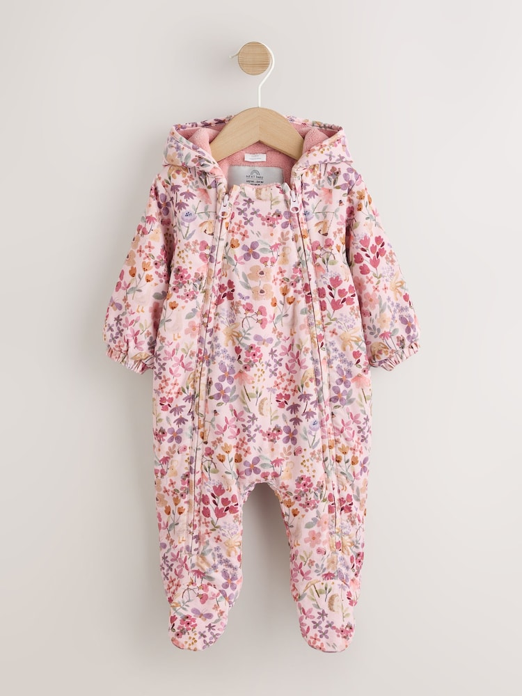 Pink Floral Double Zip Hooded Cord Baby All-In-One (0mths-2yrs) - Image 1 of 7 Pink Floral Double Zip Hooded Cord Baby All-In-One (0mths-2yrs) - Image 1 of 7