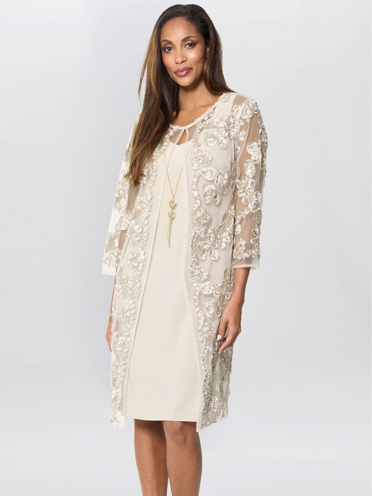 Gina Bacconi Cream Dollie Floral Soutache Dress And Jacket Set With Detachable Necklace - Image 1 of 7 Gina Bacconi Cream Dollie Floral Soutache Dress And Jacket Set With Detachable Necklace - Image 1 of 7