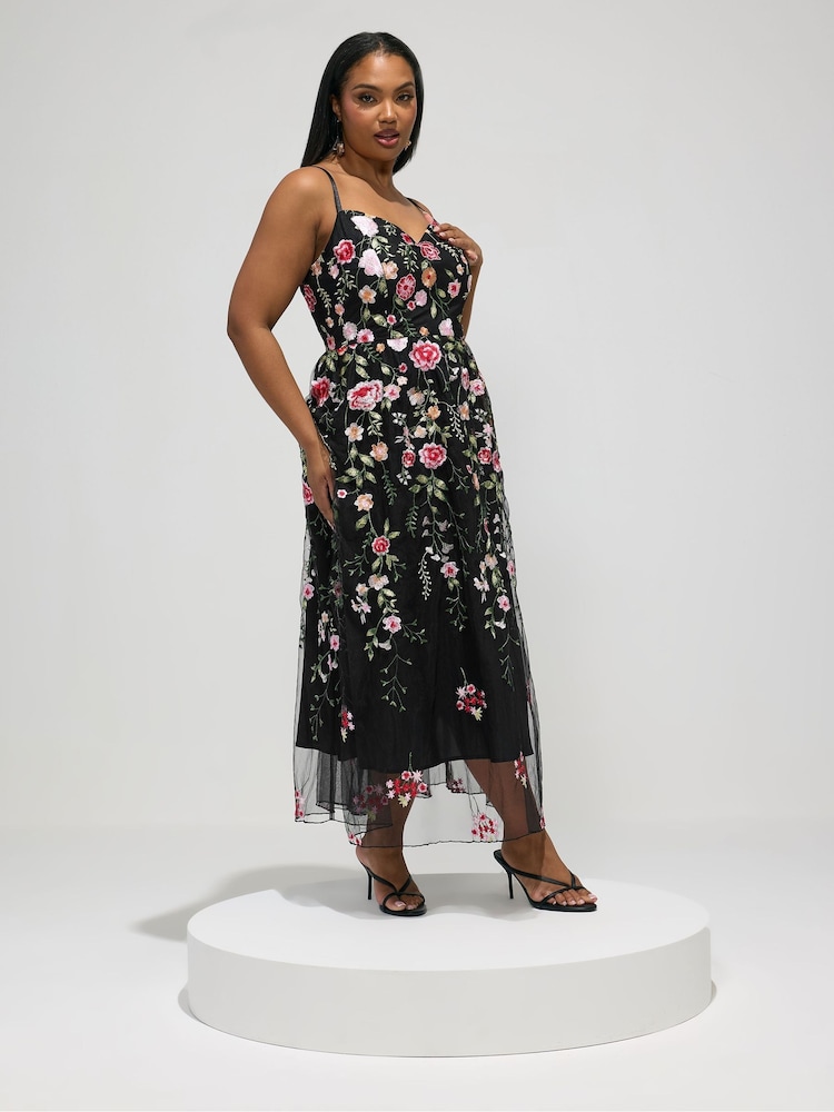 Yours Curve Black London Floral Strappy Embellished Dress - Image 2 of 5 Yours Curve Black London Floral Strappy Embellished Dress - Image 2 of 5