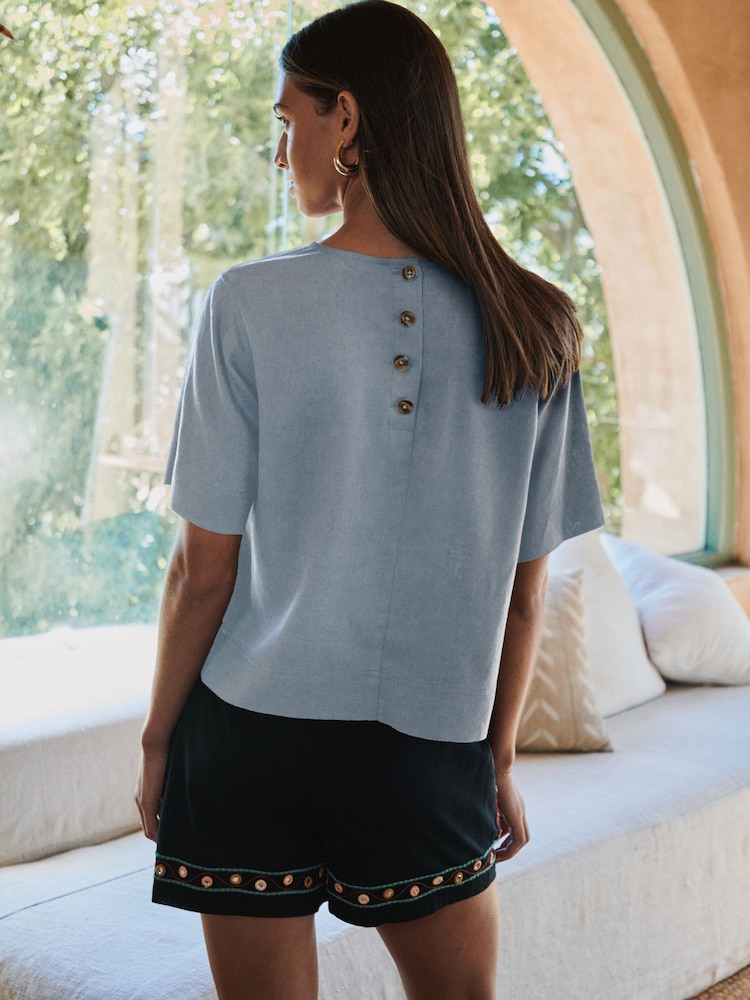 أزرق فاتح - تيشرت واسع بكُم قصير من الكتان - صورة 3 من 3