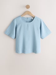 浅蓝色 - 亚麻短袖宽松T恤 - 图片4 / 6