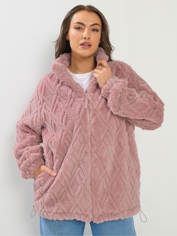 Yours Curve Pink Textured Zip Fleece - Image 2 of 6 Yours Curve Pink Textured Zip Fleece - Image 2 of 6