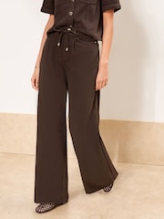 Chocolate Brown Petite Chocolate Belted Wide Leg Jeans - Image 1 of 4