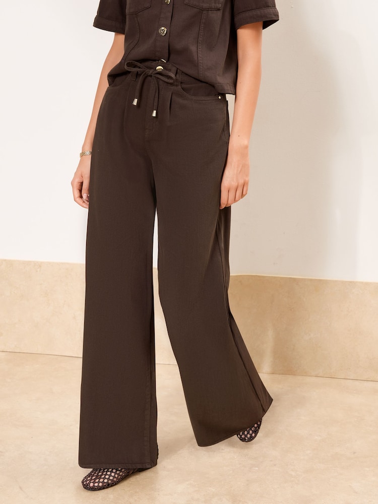 Chocolate Brown Petite Chocolate Belted Wide Leg Jeans - Image 1 of 4 Chocolate Brown Petite Chocolate Belted Wide Leg Jeans - Image 1 of 4