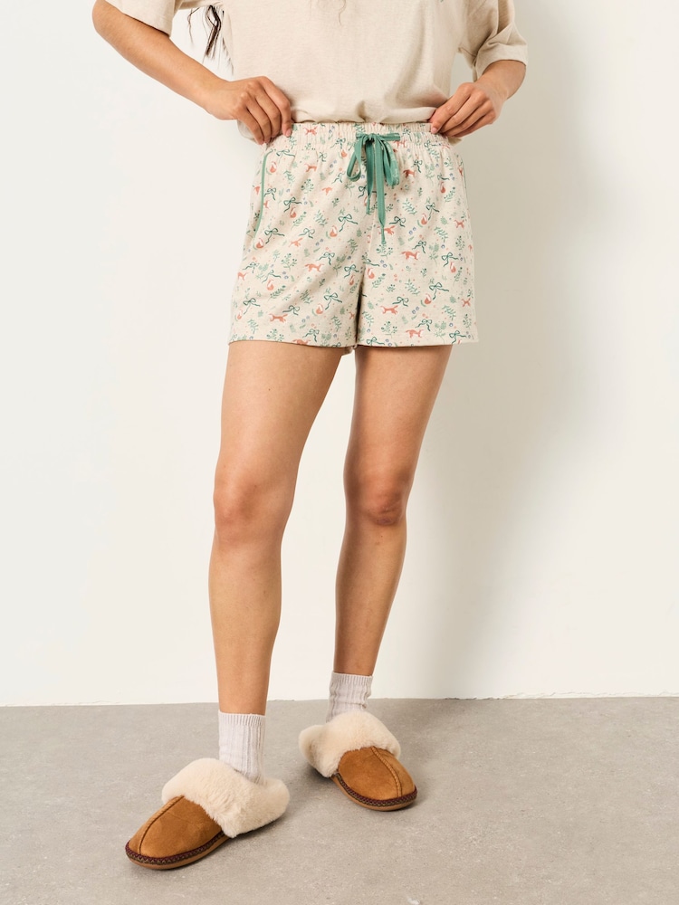 FatFace Oatmeal Fox Print Jersey Pyjama Shorts - Image 1 of 6