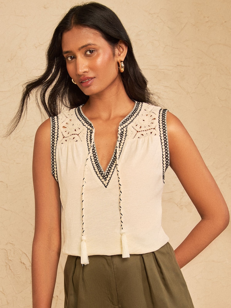Love & Roses Ivory Crochet Notch Neck Top - Image 1 of 4