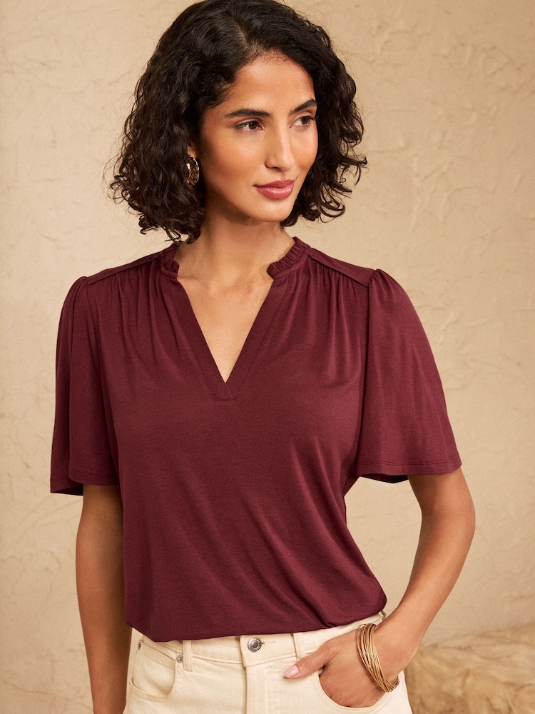 Love & Roses Burgundy Red Notch Neck Flutter Sleeve T-Shirt - Image 1 of 4
