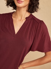 Love & Roses Burgundy Red Notch Neck Flutter Sleeve T-Shirt - Image 2 of 4