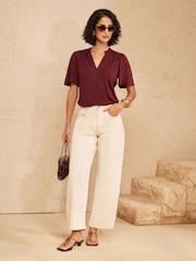 Love & Roses Burgundy Red Notch Neck Flutter Sleeve T-Shirt - Image 3 of 4