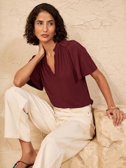 Love & Roses Burgundy Red Notch Neck Flutter Sleeve T-Shirt - Image 4 of 4