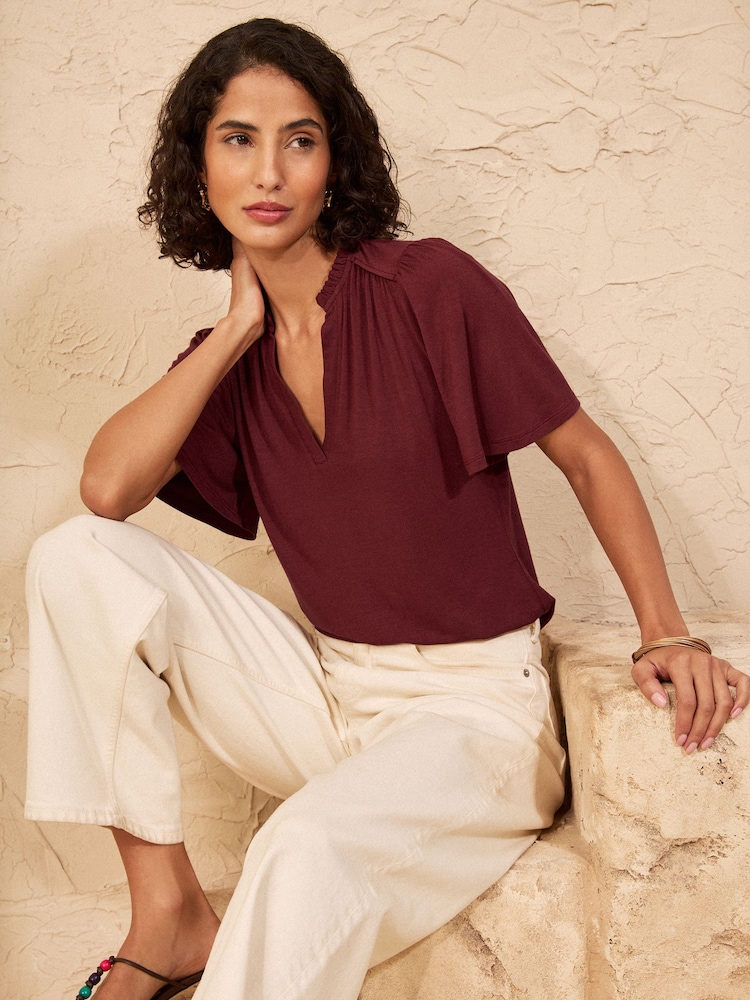 Love & Roses Burgundy Red Notch Neck Flutter Sleeve T-Shirt - Image 4 of 4