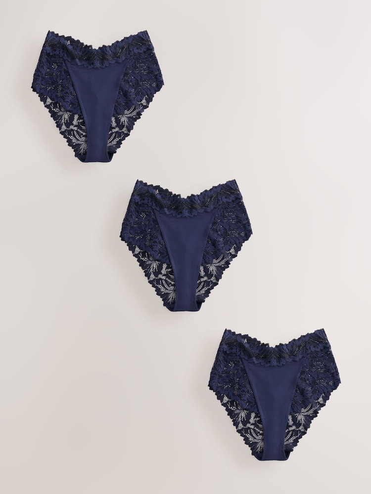 Navy High Waist High Leg Ultimate Comfort Lace Knickers 3 Pack - Image 1 of 4 Navy High Waist High Leg Ultimate Comfort Lace Knickers 3 Pack - Image 1 of 4