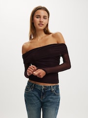 Cotton On Purple Ashley Off Shoulder Mesh Long Sleeve Top - Image 2 of 5