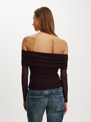 Cotton On Purple Ashley Off Shoulder Mesh Long Sleeve Top - Image 3 of 5