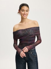 Cotton On Purple Ashley Off Shoulder Mesh Long Sleeve Top - Image 2 of 5