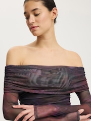 Cotton On Purple Ashley Off Shoulder Mesh Long Sleeve Top - Image 4 of 5