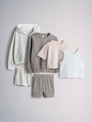 The Set 6 Piece Jersey Zip Through Hoodie Crew Oversized T-Shirt Short Rib Vest and Cycling Shorts Set Pink/Cream/Brown - Image 1 of 17