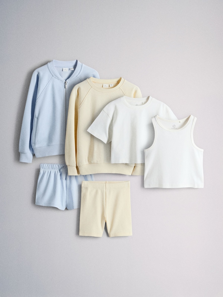 The Set 6 Piece Jersey Zip Through Bomber Crew Oversized T-Shirt Short Rib Vest and Cycling Shorts Set Blue/Yellow/White - Image 1 of 17 The Set 6 Piece Jersey Zip Through Bomber Crew Oversized T-Shirt Short Rib Vest and Cycling Shorts Set Blue/Yellow/White - Image 1 of 17